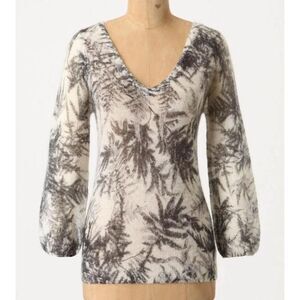 Anthropologie Guinevere Wool Mohair Sweater Women's M Cream Gray Fern Leaf Print